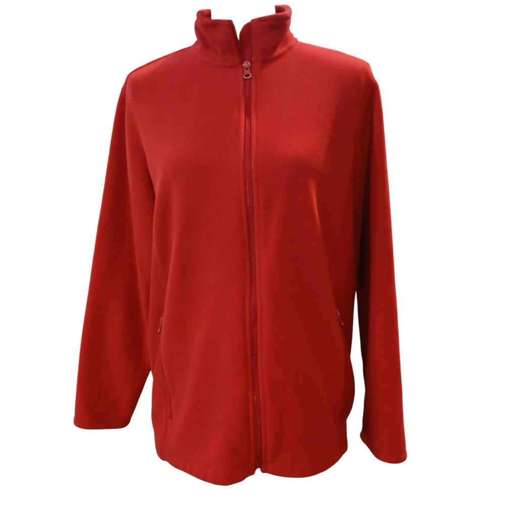 Lands End Red Fleece Full Zip Jacket Womens Large Stand Collar Pockets